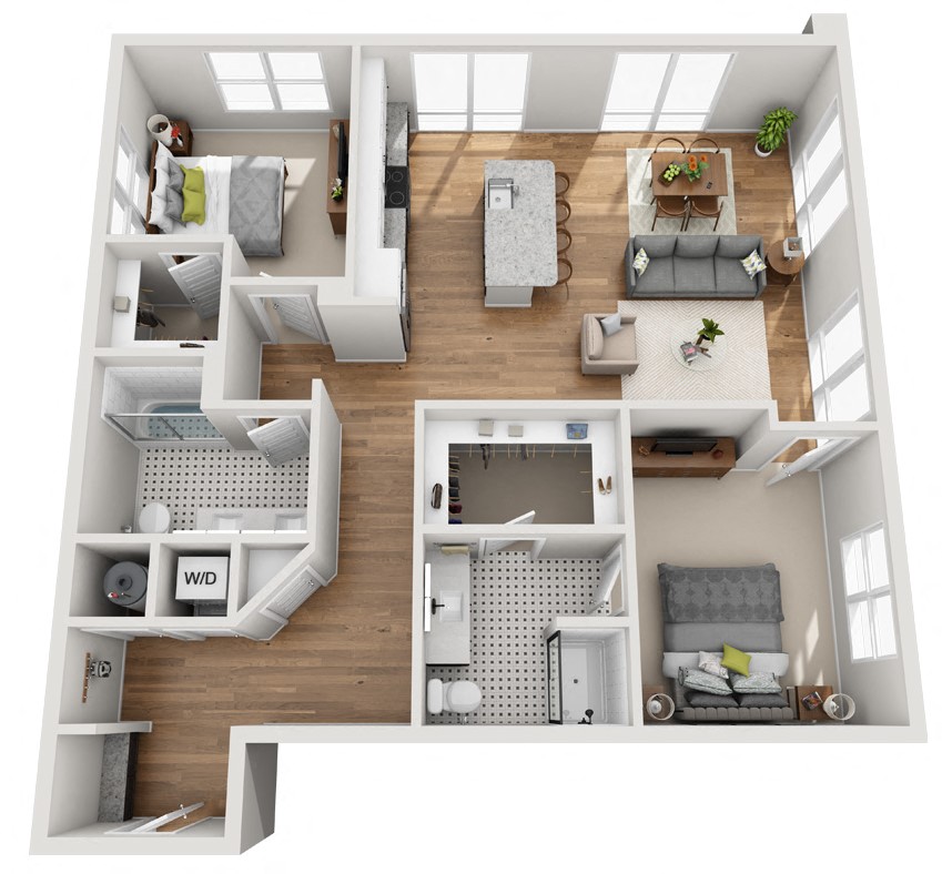 Floor plan for 2 beds, 2 baths, 1250 sqft